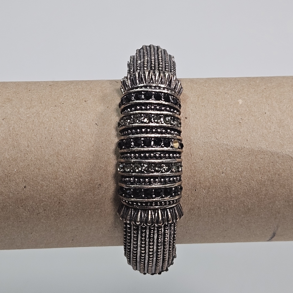 Silver Hinged Bangle Bracelet with Clear and Black Rhinestones